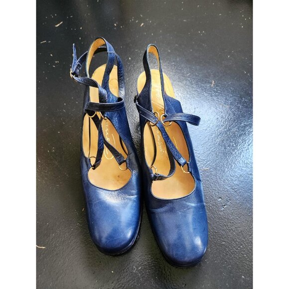 Vintage 1960s Blue Strappy mid heel Mary Janes Size 8 - Picture 1 of 5